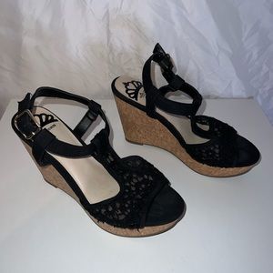 Fergalicious Heel by Fergie, women’s 6.5, black wedge with cork bottom